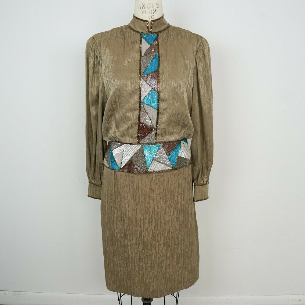 Vintage 80s Silk Sequin Art Deco Dress